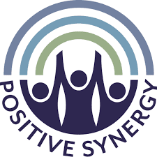 Positive Synergy - A circle with the silhouette of 3 individuals with a rainbow