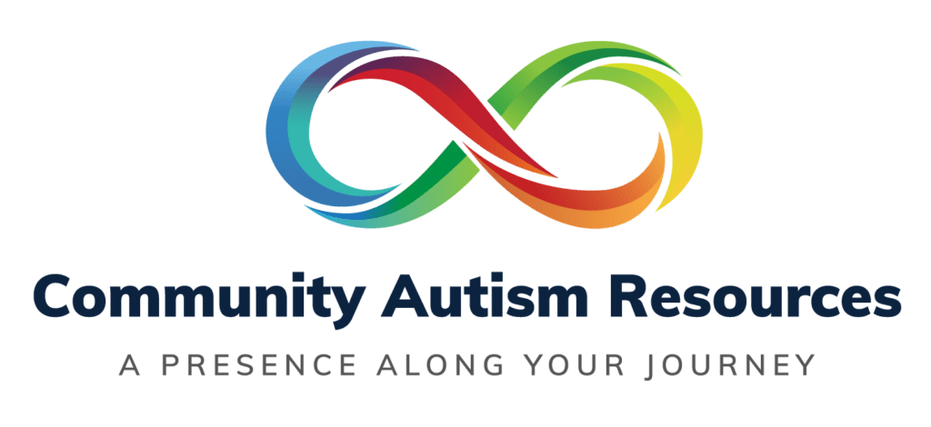 Infinity sign with Rainbow colors and text "Community Autism Resources, a presence along your journey."