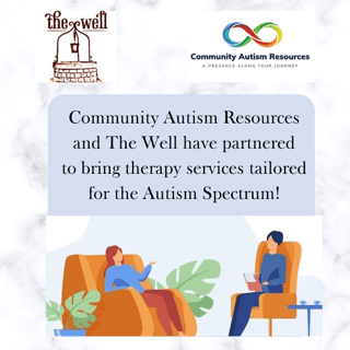 Logos from The Well & CAR. The graphic reads "Community Autism Resources and The Well have partnered to bring therapy tailored just for the Autism Spectrum! Cartoon photo of a therapist sitting in a chair talking to a patient sitting in a chair opposite from them.