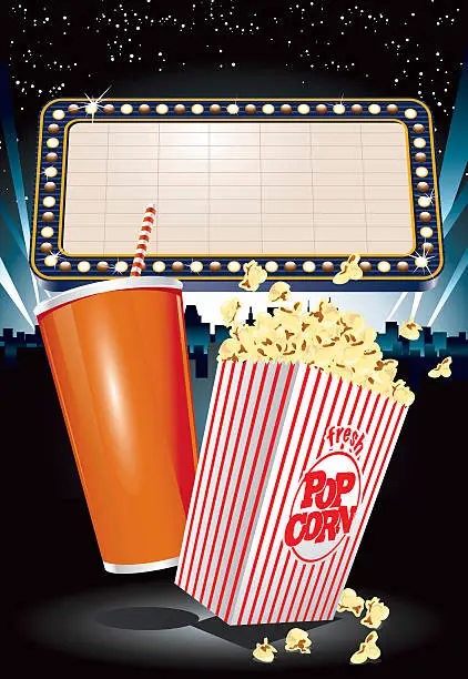 Cartoon photo of soda, movie popcorn and movie screen