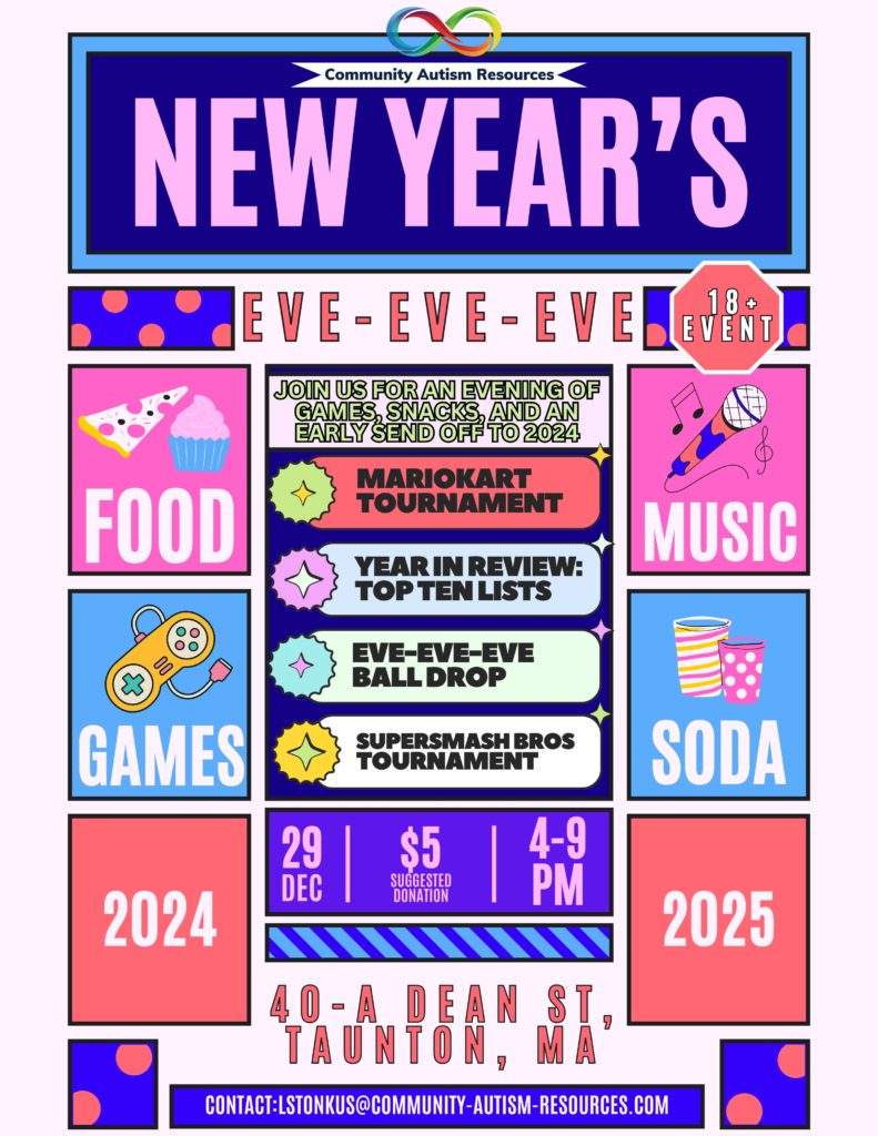 Colorful Flyer for our Adult New Year's Eve-Eve-Eve Party. Multicolored squares with the details of the event.