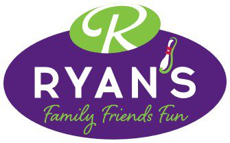 Logo for Ryan's Amusement. Purple oval with "Ryan's Family Friends Fun" written with in it. Topped with a green oval with the letter "R" in it