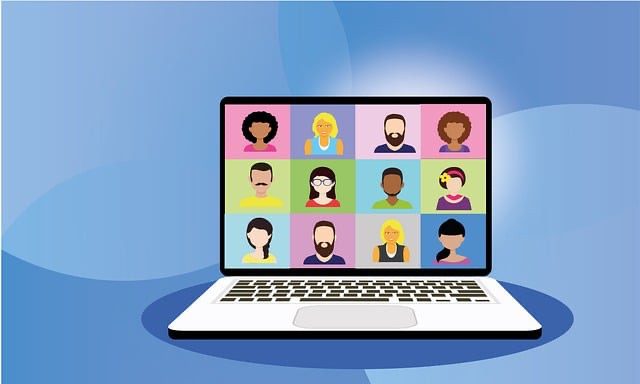 Cartoon photo of a laptop computer with a zoom meeting taking place on the screen. Blue background