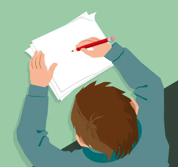 Cartoon graphic of a young teen writing on a piece of paper. Pictured from behind the teen.
