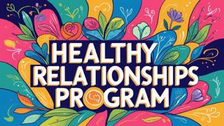 Multi-colred background with flowers with the wording "Healthy Relationships Program" in white lettering