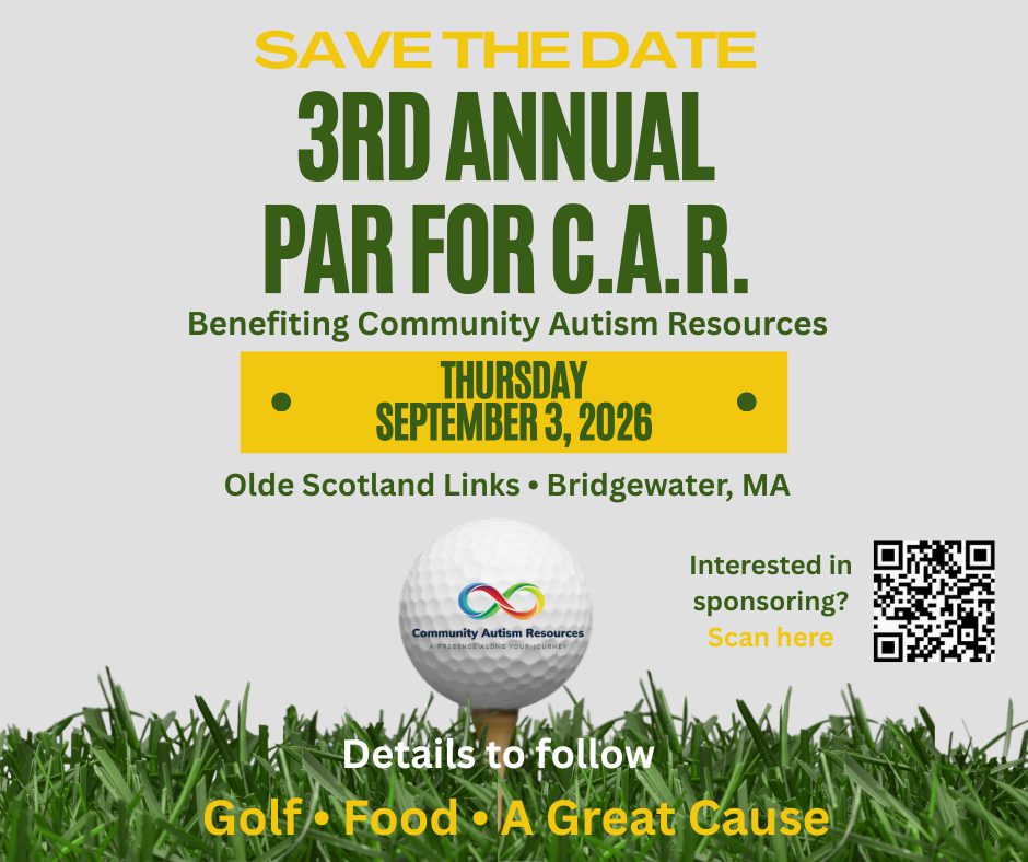 Picture of a golf ball on a tee with the CAR logo on grass with the info about CAR's golf tournament fundraiser